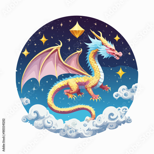 A majestic golden dragon with blue and pink features soars through a starry night sky above fluffy white clouds, with sparkling stars and a diamond.