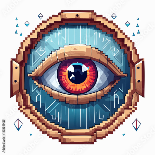 A pixel art style emblem featuring a detailed red eye within an ornate golden frame with blue geometric patterns.