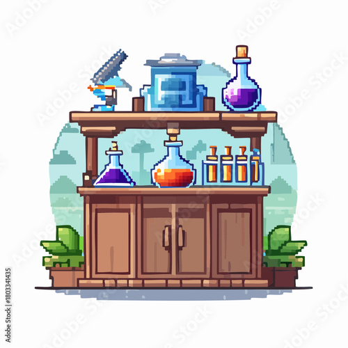 A pixel art illustration of a science laboratory workbench with various beakers, flasks, test tubes, and a microscope on shelves.