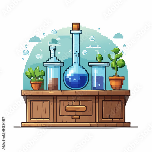 Pixel art illustration of a science lab setup with flasks, beakers, and potted plants on a wooden desk.