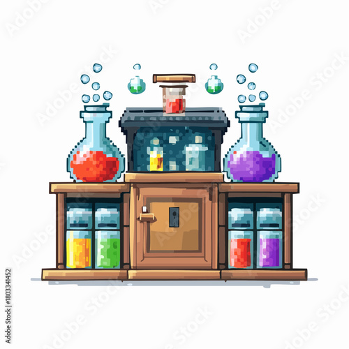 Pixel art illustration of a chemistry lab setup with flasks, bubbling potions, and colorful ingredients on a wooden cabinet.