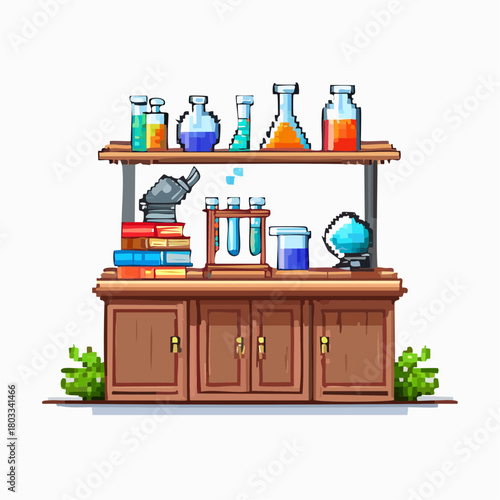 Pixel art illustration of a science laboratory setup with various beakers, flasks, test tubes, a microscope, and books on a wooden cabinet.