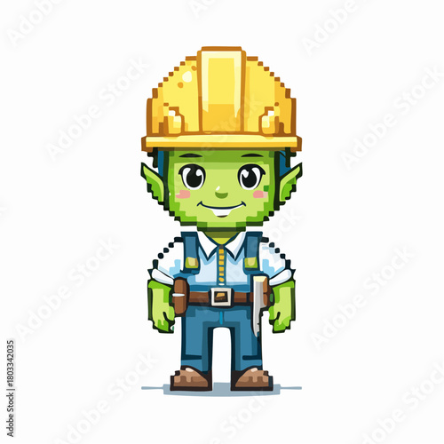 Pixel art illustration of a cute green goblin character wearing a yellow hard hat and blue overalls, depicted as a construction worker.