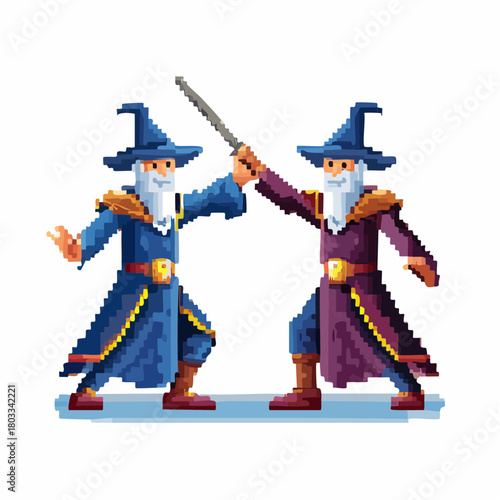Two pixel art wizards in blue and purple robes engaged in a sword fight, depicting a classic fantasy duel.