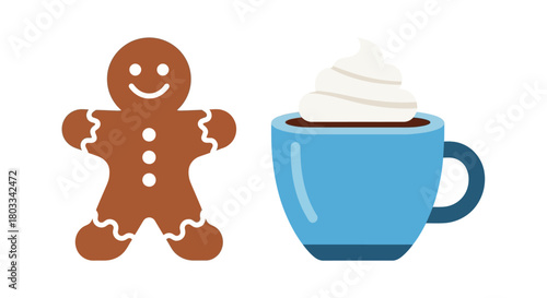 Celebrate the season with a delightful gingerbread man and a comforting cup of cocoa, evoking warmth and holiday joy. Ideal for festive designs and seasonal promotions.
