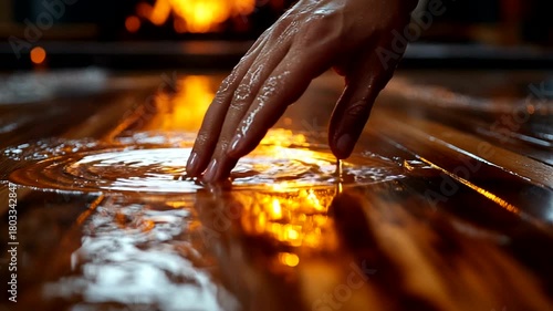 Hand touching water surface with ripples and fire glow
