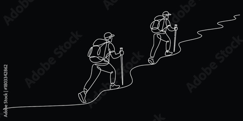 Two Backpackers Hiking Up the Mountain in Single Continuous Line Art Style