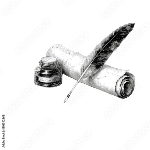 Quill Pen, Inkwell, and Scroll