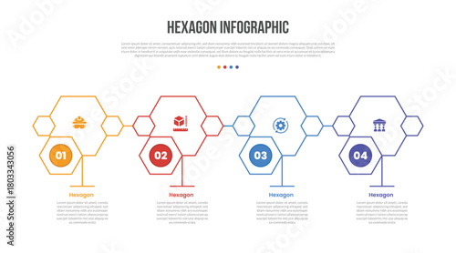 hexagon base shape infographics template diagram with standing on small line with connection with 4 point step creative simple flat outline