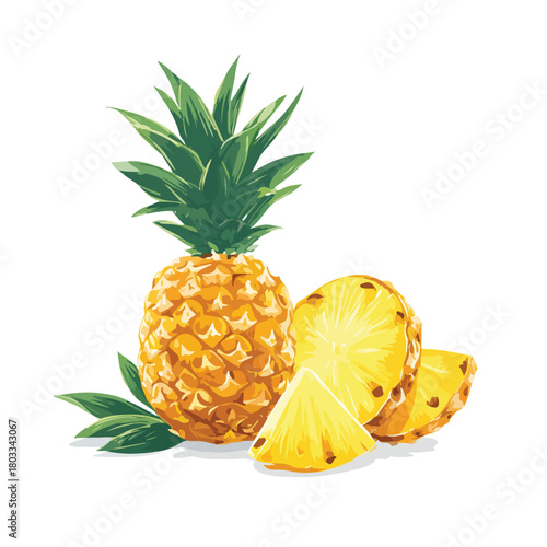 Vibrant illustration of a ripe pineapple, whole and sliced, showcasing its tropical essence and refreshing taste