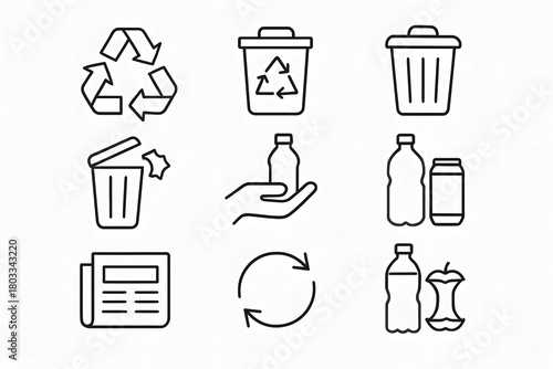 Recycling Icons: A set of simple yet effective line icons related to recycling and environmental sustainability, these illustrations represent various stages and actions in the recycling process.