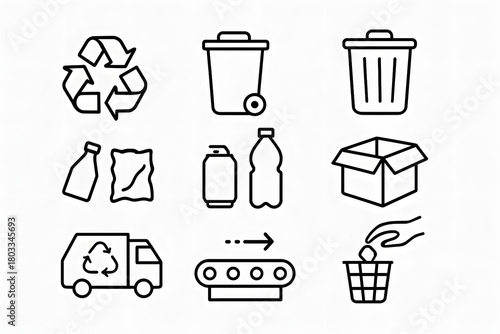 Recycling Icons: A collection of concise line art symbols representing the essential elements of the recycling process, showcasing eco-conscious practices.