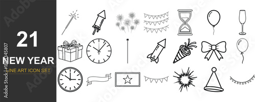 New year's eve celebration festive party elements line art set