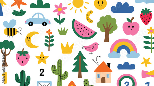 seamless cartoon pattern with houses trees and flowers