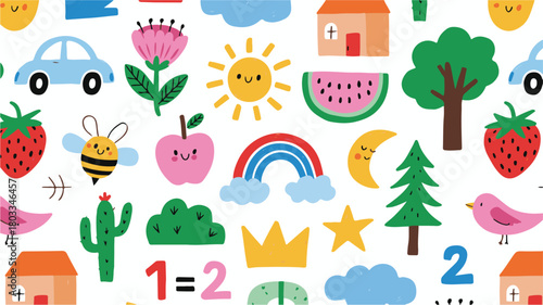 seamless cartoon vector pattern with houses trees and flowers design