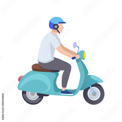 Illustration of a man riding a classic light blue scooter with a helmet on a white background