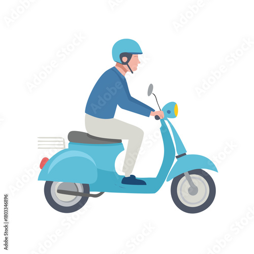 Illustration of a man riding a classic light blue scooter with a helmet on a white background