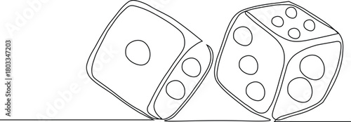 Two dices one line vector illustration. Continuous contour drawing of game dice.
Dice line icon. Continuous one line with curl. Board game cube sign. Casino gambling symbol. 