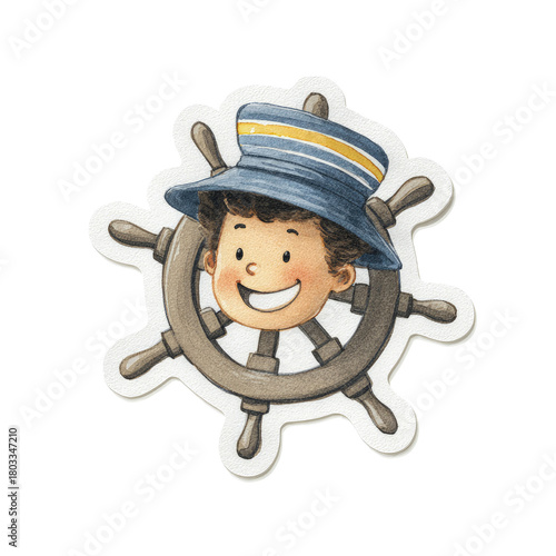 Happy Boy in Sailor Hat with Ship's Wheel