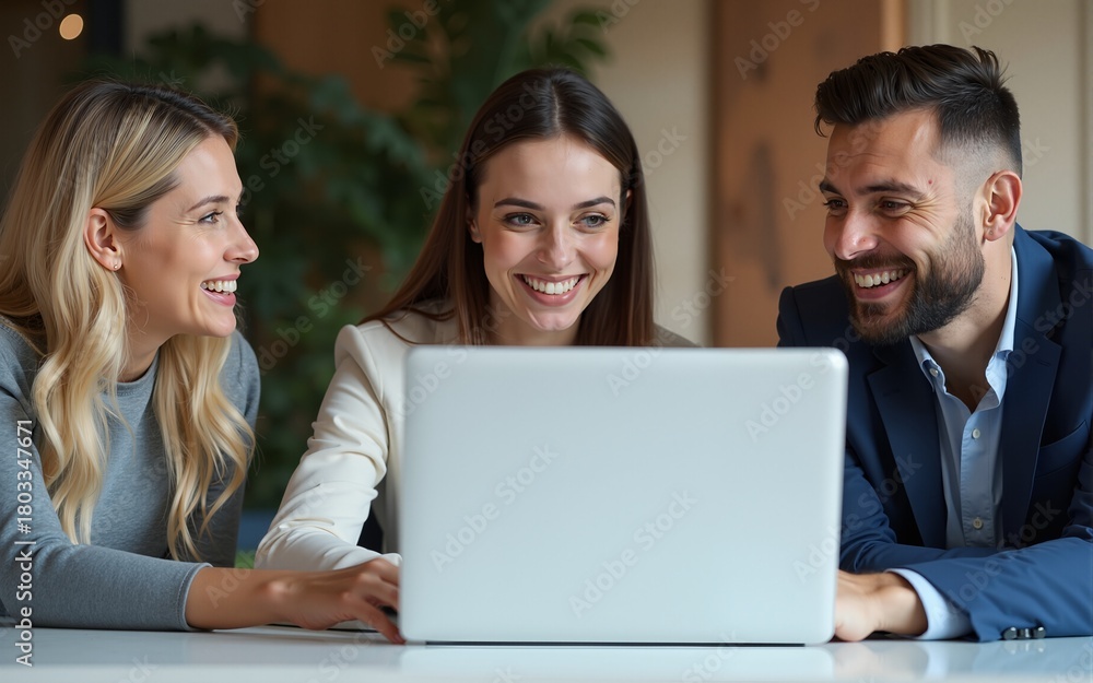 Fototapeta premium Cheerful business colleagues watching a presentation on a laptop. High quality