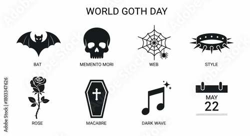 Black and white icons illustrating World Goth Day elements including a bat and skull