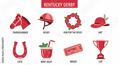 Red icons representing Kentucky Derby elements including a horse jockey roses hat horseshoe drink ticket and trophy
