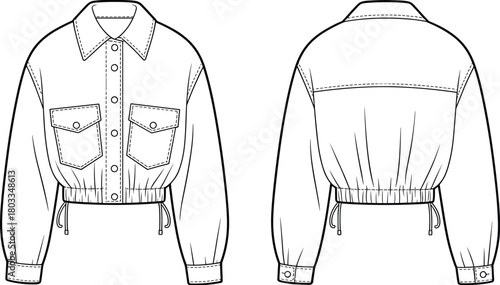 Cropped jacket technical sketch, front and back view, fashion flat drawing, buttoned cuffs, drawstring hem, chest pockets, collared neckline, garment design, apparel template