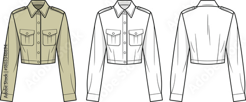 Cropped jacket technical sketch, fashion flat design, front back view, garment construction, epaulet collar, button flap pockets, apparel template, clothing specification, outerwear illustration