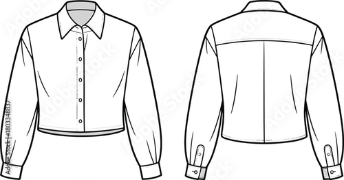 Cropped shirt fashion sketch, technical garment drawing, front and back view, long sleeve blouse, pointed collar, button placket, cuff detail, yoke seam, apparel template