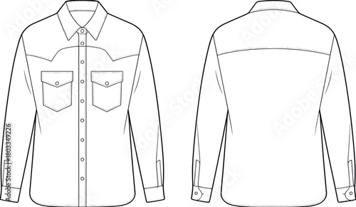 Long sleeve shirt sketch, technical fashion drawing, front and back view, button-up shirt template, garment blueprint, apparel design, clothing illustration, flat sketch