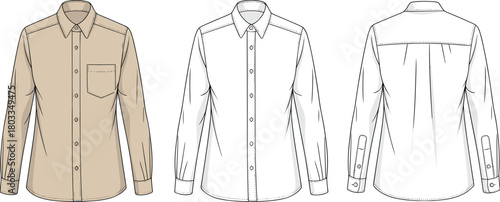 Long sleeve shirt technical sketch, fashion flat drawing, garment specification template, apparel design outline, front and back view, button-up shirt illustration