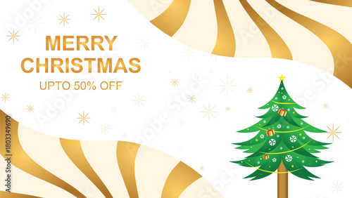 Christmas sale banner with tree and golden decorations.