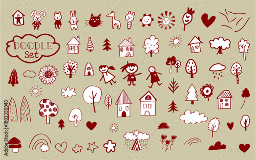 Cute kids hand drawn doodle icon set,Clear,Simple,House,Animal,Tree,Artistic style and uses popular aesthetic words (kawaii, quirky) to appeal to specific searches.