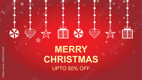Merry Christmas sale banner with hanging ornaments and promotional text on a red background.