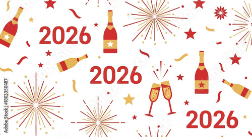 Celebrate 2026 New Year with a vibrant festive pattern featuring sparkling fireworks, champagne bottles, and joyful confetti for holiday cheer and excitement