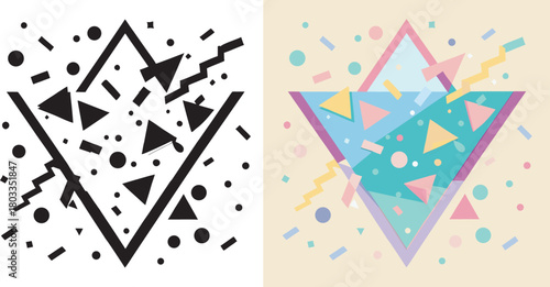Vibrant retro geometric pattern with triangles and circles, perfect for eye-catching backgrounds and dynamic designs, adding a touch of fun and nostalgia