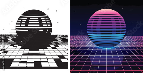 Vibrant retro-futuristic grid landscape with glowing sphere evoking 80s synthwave and digital dreams for modern design projects