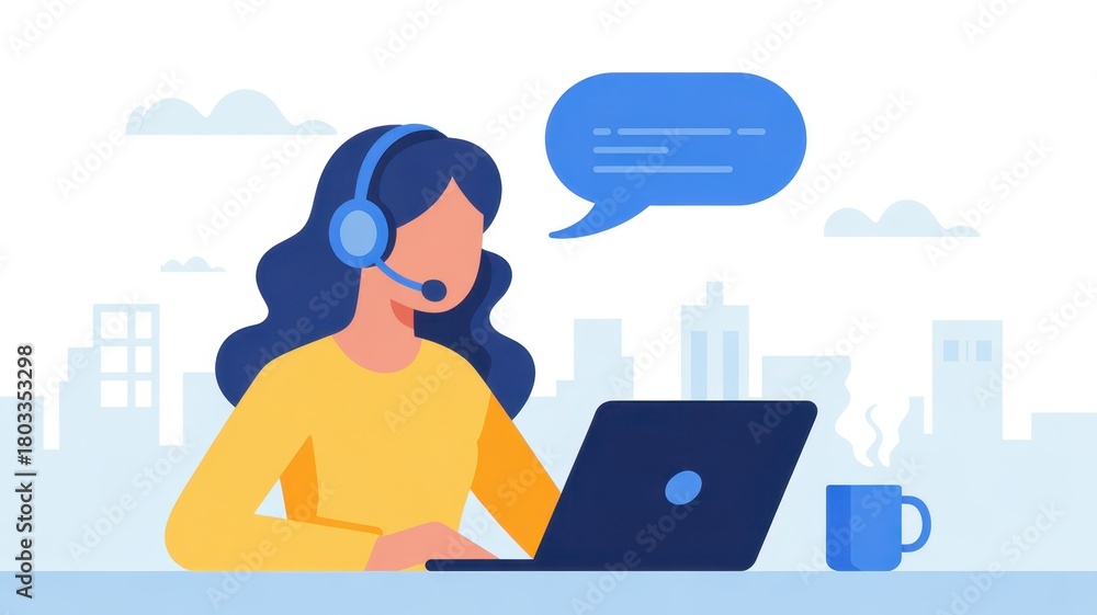 Fototapeta premium Virtual Assistance at Work: An illustration depicting a customer service representative providing support, working on laptop computer while connected to headset, offering a warm and helpful service.