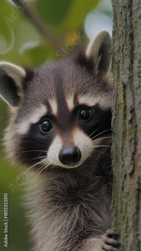 Baby raccoon peeking from behind a tree cute animal wildlife nature