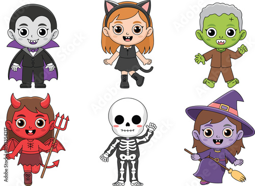 Cute Halloween kids dressed as vampire, cat girl, Frankenstein monster, devil, skeleton, and witch, adorable cartoon character costume illustration set