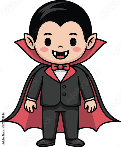 Cute kawaii vampire boy cartoon character in black suit and red cape, adorable Halloween illustration for kids, fun spooky artwork