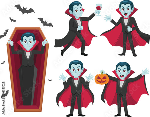 Cute Halloween cartoon characters featuring vampire, zombie, mummy, grim reaper, pumpkins, witch,