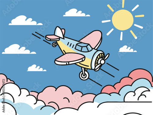 Retro Airplane Flying Through Clouds Under a Bright Sun