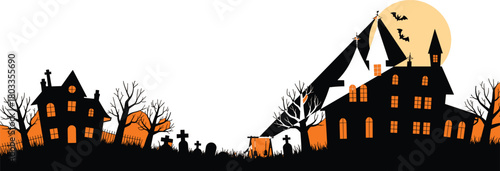 Halloween haunted house silhouette with graveyard, spooky trees and bats under full moon, eerie night scene perfect for scary holiday designs