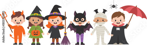 Group of cute children in Halloween costumes including devil, witch, bat, mummy and vampire, fun spooky trick-or-treat illustration