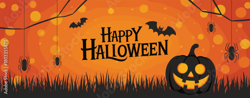 Happy Halloween background with spooky pumpkin, bats and hanging spiders, glowing orange night scene perfect for festive holiday celebration design