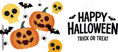 Happy Halloween banner with pumpkins, skulls, bats and spiders, playful trick or treat design in bright spooky festive holiday style