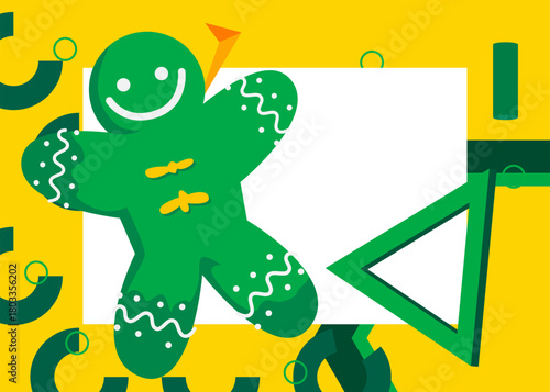 Gingerbread Man Christmas Cookie geometrical graphic retro theme background. Minimal geometric elements. Vintage abstract shapes vector illustration.