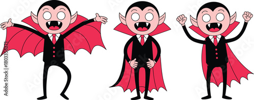 Set of cute cartoon vampire characters in different poses, fun Halloween illustration featuring smiling fanged monsters with red capes
