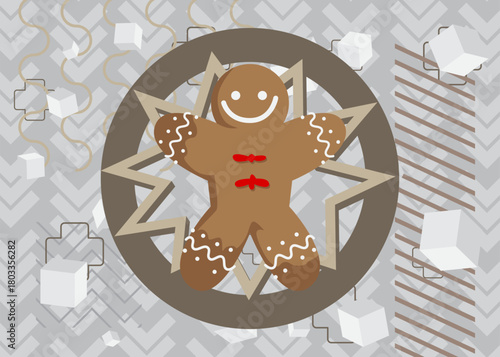 Gingerbread Man Christmas Cookie geometrical graphic retro theme background. Minimal geometric elements. Vintage abstract shapes vector illustration.